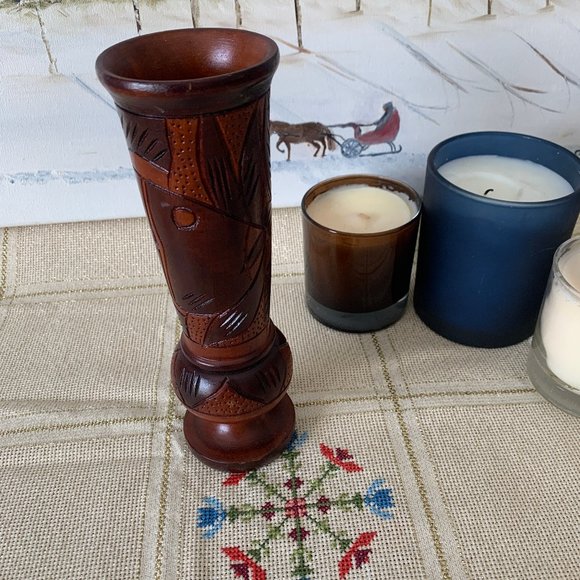 Hand Carved Wooden Decorative Vase with Fish and Flowers 8.5H & 2.75W - Picture 4 of 7